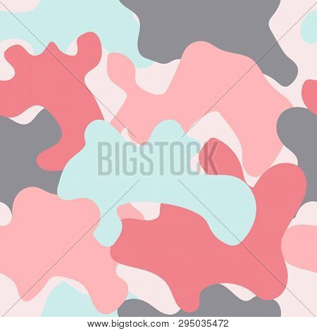 Seamless Abstract Pink, Blue And Grey Chaotic Blot  Pattern. Endless Messy Grunge Artisctic Simple B
