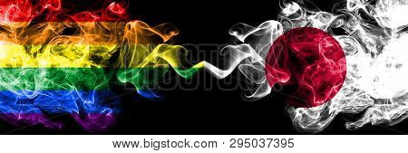 Gay Vs Japan, Japanese Smoke Flags Placed Side By Side. Thick Colored Silky Smoke Flags Of Pride And