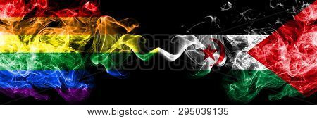 Gay Vs Sahrawi Smoke Flags Placed Side By Side. Thick Colored Silky Smoke Flags Of Pride And Sahrawi