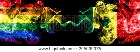 Gay Vs Senegal, Senegalese Smoke Flags Placed Side By Side. Thick Colored Silky Smoke Flags Of Pride
