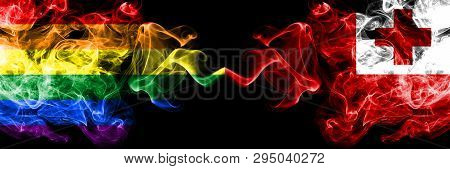 Gay Vs Tonga, Tongan Smoke Flags Placed Side By Side. Thick Colored Silky Smoke Flags Of Pride And T