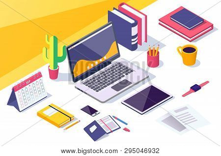 Flat Desktop Workspace With Laptop, Mobile Phone, Tablet, Calendar. Concept Workplace Organization W