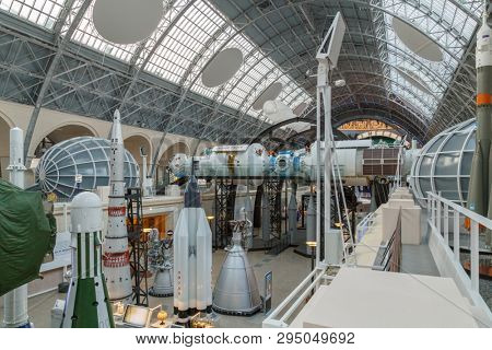 Moscow, Russia - November 28, 2018: Interior exhibition in the Space pavilion at VDNH. Modern museum of russian cosmos exploration