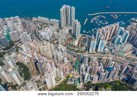 Shau Kei Wan, Hong Kong 19 March 2019: Top down view of Hong Kong city