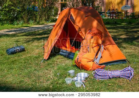 Pralormo, Torino / Italy - March 31 2019: Camping Tent With Set, Stuff, Equipment For The Hike - Ten