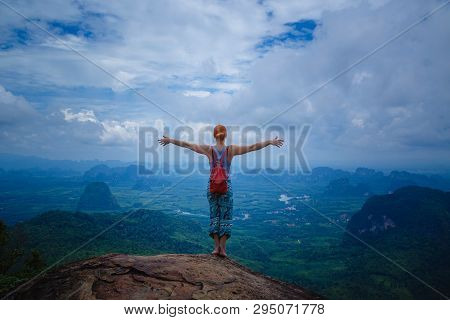 Happy Hiker With Her Arms Outstretched, Freedom And Happiness, Achievement In Mountains. Thailand, V