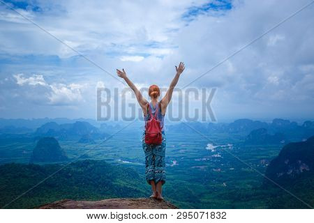 Happy Hiker With Her Arms Outstretched, Freedom And Happiness, Achievement In Mountains. Thailand, V