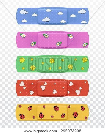 Set Of Realistic Multi-colored Medical Plasters With Various Patterns On Transparent Background
