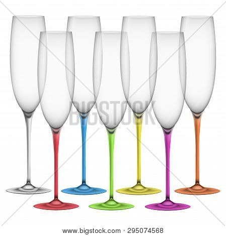 Collection Of Glasses With Multicilored Stalks On White Background