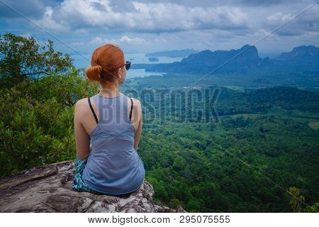 Happy Hiker With Her Arms Outstretched, Freedom And Happiness, Achievement In Mountains. Thailand, V