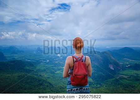 Happy Hiker With Her Arms Outstretched, Freedom And Happiness, Achievement In Mountains. Thailand, V
