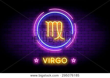 The Virgo Zodiac Symbol, Horoscope Sign In Trendy Neon Style On A Wall. Virgo Astrology Sign With Li
