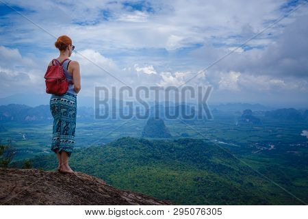Happy Hiker With Her Arms Outstretched, Freedom And Happiness, Achievement In Mountains. Thailand, V