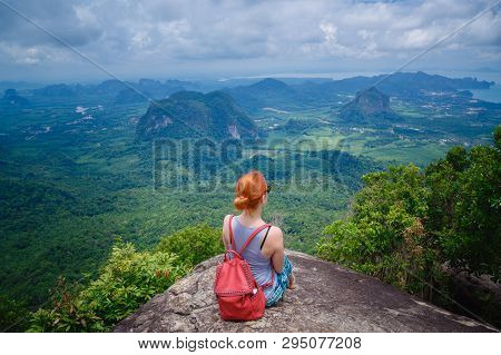 Happy Hiker With Her Arms Outstretched, Freedom And Happiness, Achievement In Mountains. Thailand, V