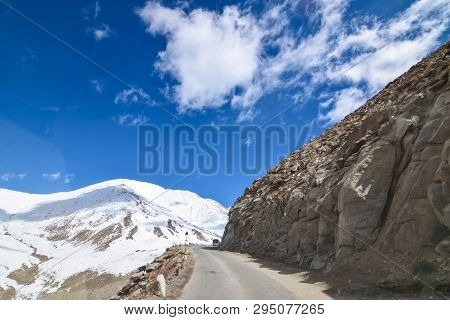 On The Road In Leh Ladakh Landscape.khardung La Pass.road On Snow Mountain  In Northern India.
