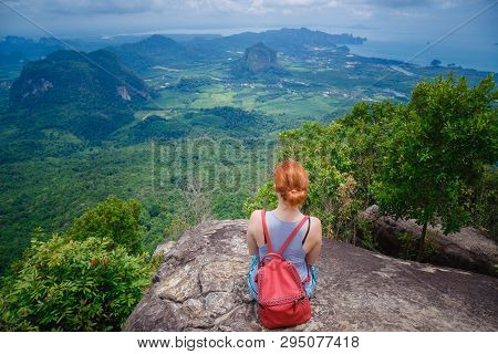 Happy Hiker With Her Arms Outstretched, Freedom And Happiness, Achievement In Mountains. Thailand, V