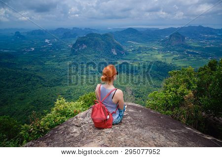 Happy Hiker With Her Arms Outstretched, Freedom And Happiness, Achievement In Mountains. Thailand, V