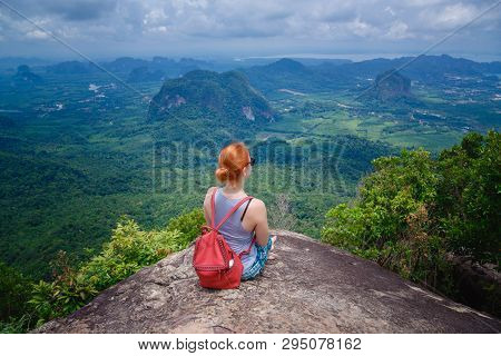 Happy Hiker With Her Arms Outstretched, Freedom And Happiness, Achievement In Mountains. Thailand, V