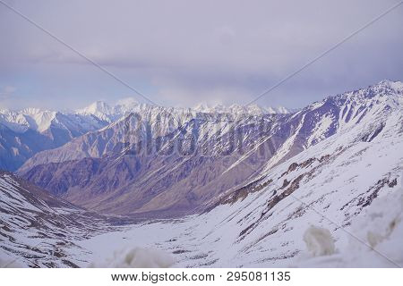 On The Road In Leh Ladakh Landscape.khardung La Pass.road On Snow Mountain  In Northern India.