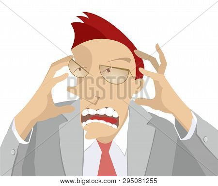 Upset Man Isolated Illustration. Upset Man With Open Mouth Put His Hands On The Head Isolated On Whi
