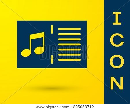 Blue Music Book With Note Icon Isolated On Yellow Background. Music Sheet With Note Stave. Notebook 