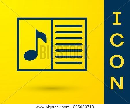 Blue Music Book With Note Icon Isolated On Yellow Background. Music Sheet With Note Stave. Notebook 