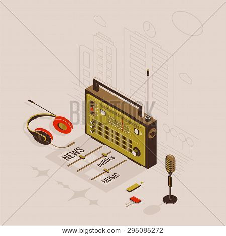 Radio Show Or Educational Program Isometric Flat Template With Microphone, Radio And Headphones.