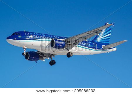 Moscow, Russia - March 26, 2019: Aircraft Airbus A319-111 4k-az03 Of Azal Azerbaijan Airlines Agains
