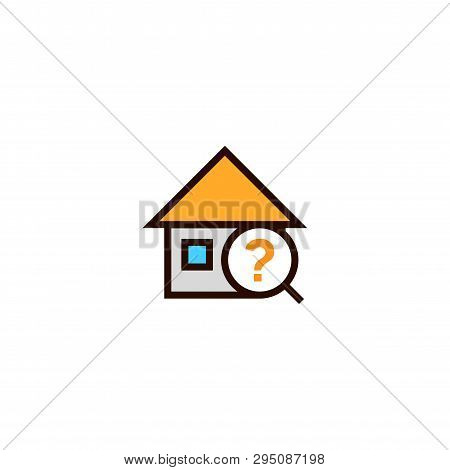 Random Search House Icon. Home With Magnifying Glass And Question Mark Symbol. Simple Clean Thin Out