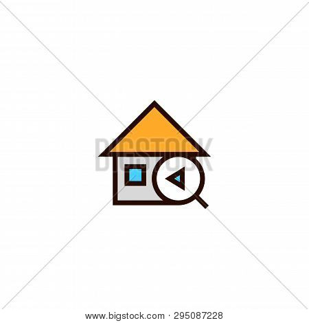 Previous House Search Icon. Home With Magnifying Glass And Arrow Symbol. Simple Clean Thin Outline S