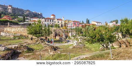 Library Of Hadrian Overlooking Acropolis And Beautiful Houses At Plaka District, Athens, Greece. It 