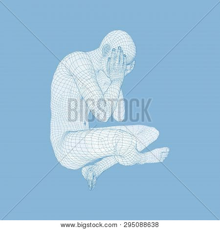 Miserable Depressed Man Sitting And Thinking. Man In A Thinker Pose. 3d Model Of Man. Vector Illustr