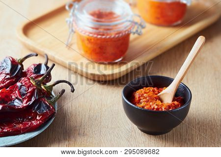 Roasted red pepper relish (Ajvar) in a small bowl