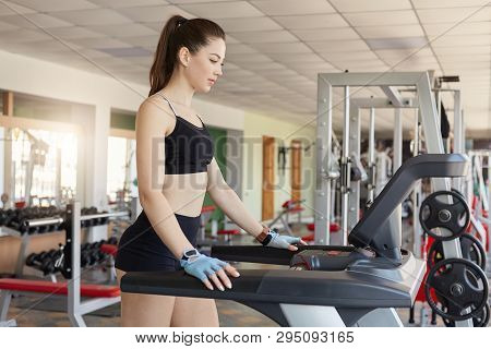 Pretty Concentrated Young Sport Woman Running On Treadmill In Gym, Keeps Fit, Burn Calories On Runni