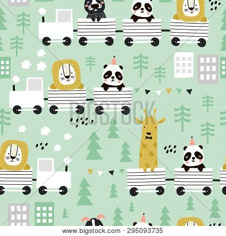 Children S Seamless Pattern With Cute Animals Riding The Train In The Scandinavian Style. Creative V