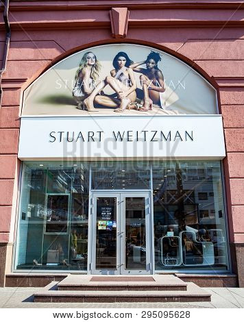 Minsk, Belarus - April 6, 2019: Stuart Weitzman Boutique Shop Facade With Signboard