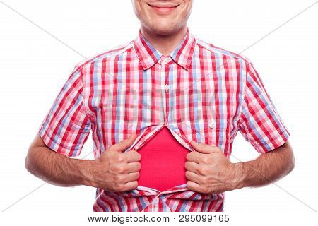 View Of Happy Smiling Hipster Boy Tearing Off His Shirt On White Background