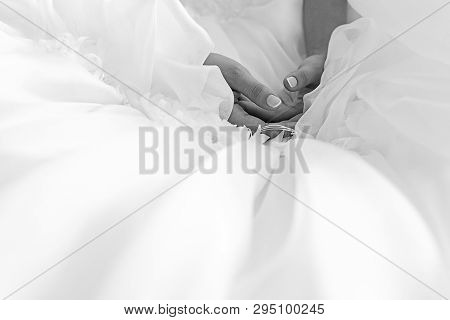 Close Up Beautiful Bride's Hands In Wedding Day. Indoor Shot