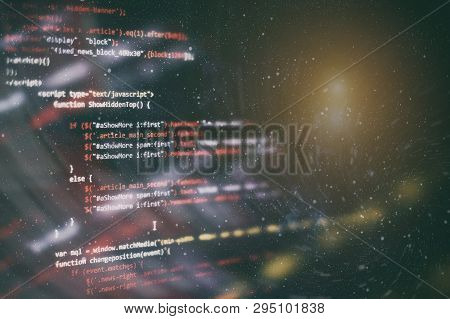Css, Javascript And Html Usage. Monitor Closeup Of Function Source Code. Abstract It Technology Back