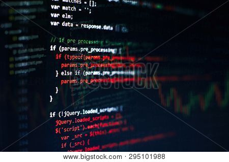 Css, Javascript And Html Usage. Monitor Closeup Of Function Source Code. Abstract It Technology Back