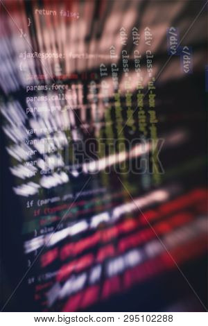 Css, Javascript And Html Usage. Monitor Closeup Of Function Source Code. Abstract It Technology Back