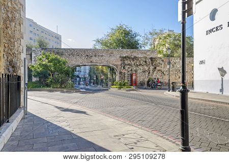 Gibraltar, British Overseas Territory -  November 8, 2018: View Of The Gate From The Main Street To 
