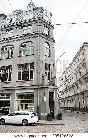 Riga. Latvia - August 28, 2018: Building With Clock On Valnu Street, Old Town