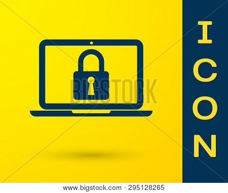 Blue Laptop And Lock Icon Isolated On Yellow Background. Computer And Padlock. Security, Safety, Pro