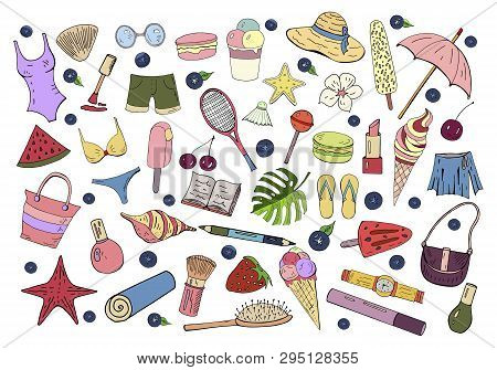 Different Summer Doodle Colored Elements Isolated On White Background.