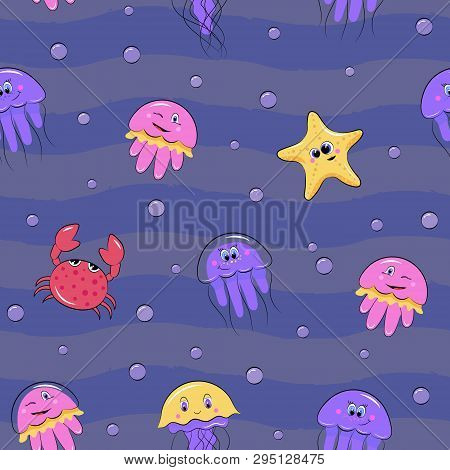 Cartoon Seamless Pattern With Sea Creatures. Dark Blue Striped Background With Jellyfish, Crab, Star
