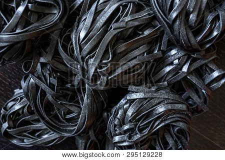 Black Pasta With Cuttlefish Ink. Pasta Of Durum Wheat Semolina With Squid Ink