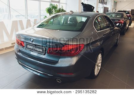 Ufa, Russia, 12 December, 2018: Metallic White Bmw 5 Series Sedan 530e Plug-in Hybrid Iperformance, 