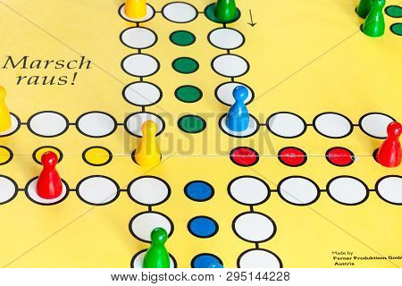 Moscow, Russia - April 2, 2019: Gameboard Of Marsch Raus ! Board Game Close Up. This Board Game Is C