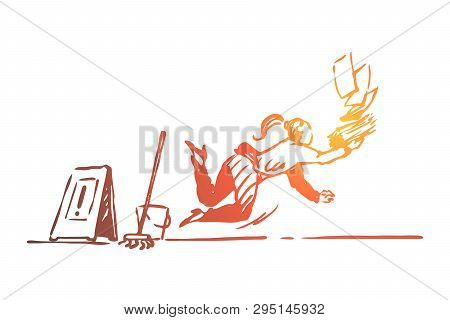 Floor, Wet, Caution, Woman, Slippery Concept. Hand Drawn Female Office Worker Fell On The Slippery F